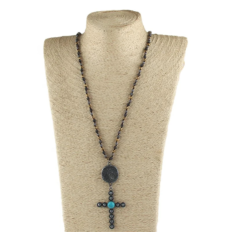 Fashion Women Bohemian Jewelry 4mm Magnetite Bead Crystal Glass Stone Knotted  Metal Angel and Turquoise Cross Pendant Necklace