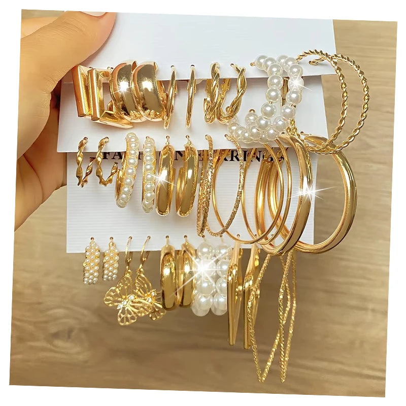 New Fashion Gold Plated Geometric Pearl Circle Hoop Earrings Trendy  Butterfly Earrings Set Jewelry for Women