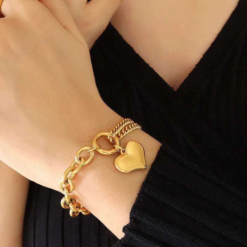 Asymmetric Gold Plated Stainless Steel Link Chain Heart Drop  Stainless Steel Multilayer Heart Charm