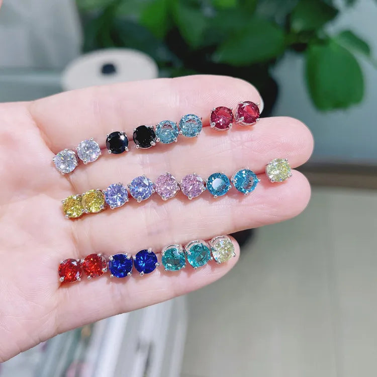 2023 New Cute White Gold Plated Colored 3A Cubic Zirconia Earrings Simple 6MM Tiny Round Crystal Zircon Stone Stud Earrings