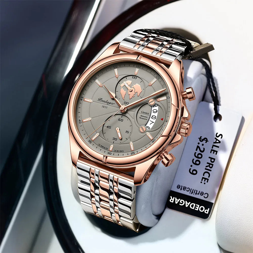 Poedagar 992 Luxury Fashion Casual Minimalist Stainless Steel Band Analog Chronograph Wrist Watch Watch for Men