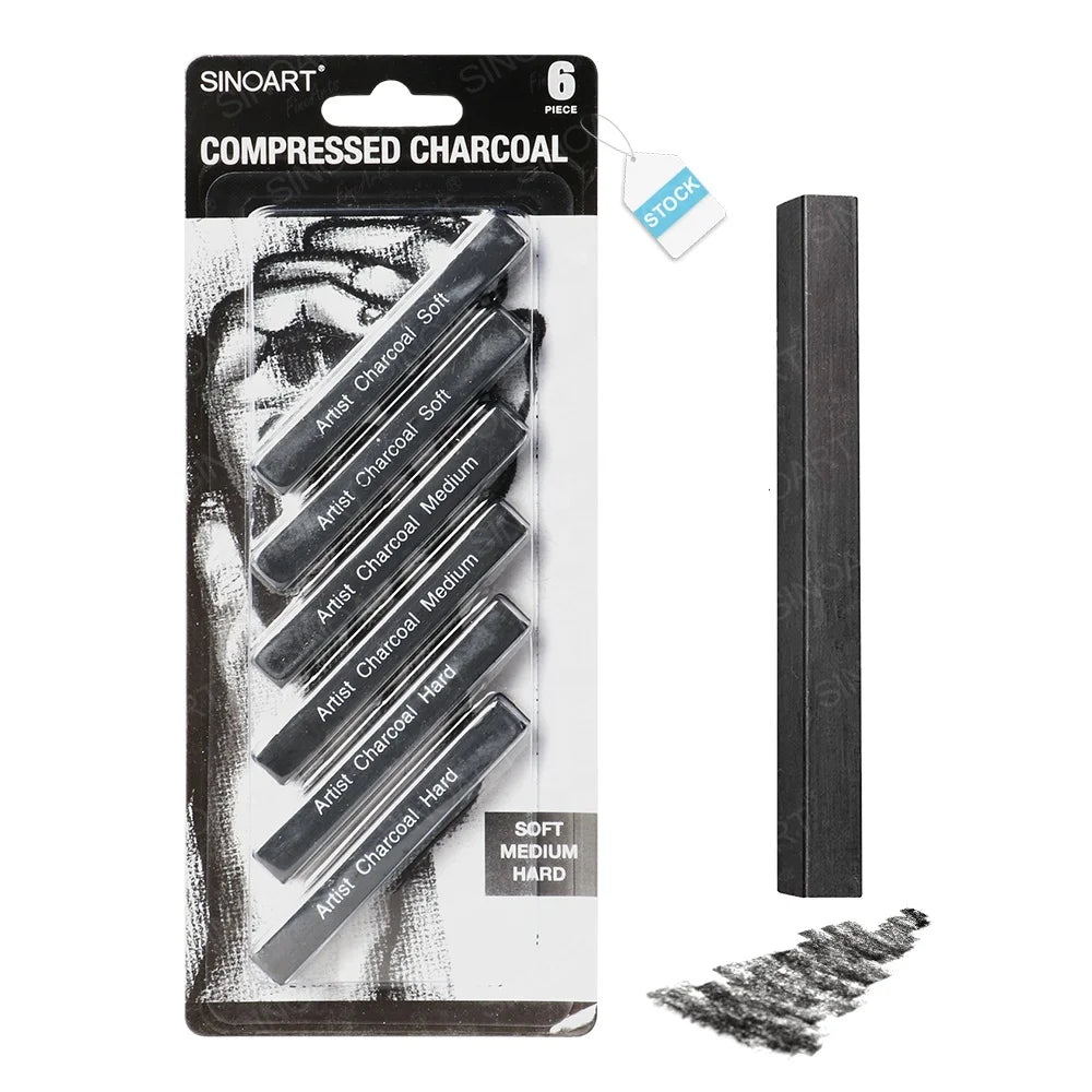 SINOART 6pcs Charcoal Sticks Set Profession Dark Black Compressed Charcoal in Stock Drawing Charcoal for Art Supply