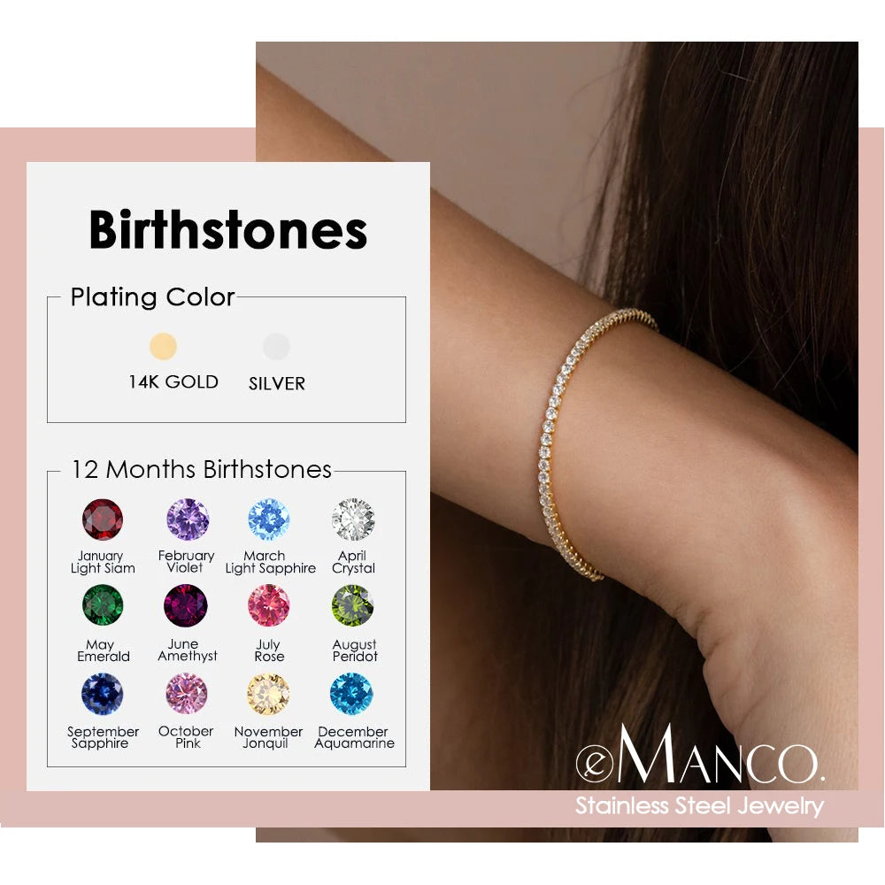 EManco Popular Stainless Steel Fine Jewelry Tennis Rhinestone Colorful Birthday Stones Bracelet Zircon Trendy Women's Bracelet