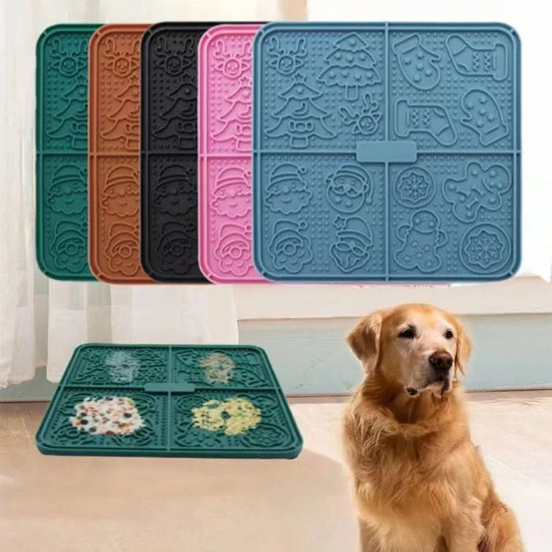 Christmas Patterns Square Shape Lick Pad Anxiety Relief Durable Pet Slow Feeder Bowl Silicone Dog Lick Mat with Suction Cups