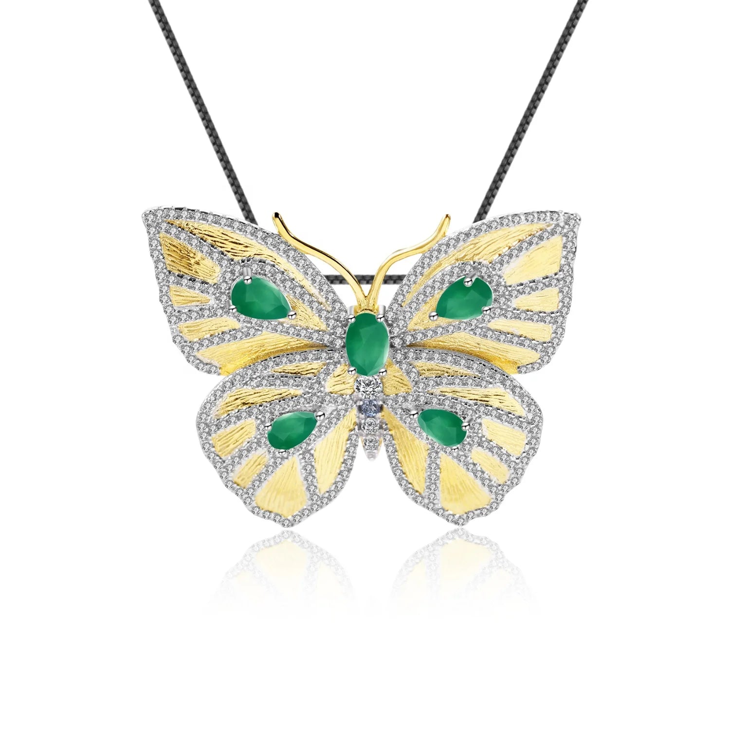 Abiding Natural Green Agate Elegant Jewelry Butterfly Brooch 925 Sterling Silver Gold Plated Brooch
