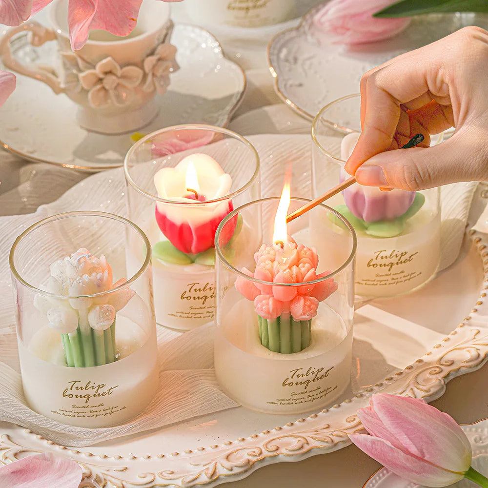 Handmade Flower Shaped Soy Wax Floral Scented Tulip Candle in Glass Jar Romantic Style Birthday Valentine's Day Gift Gift Box