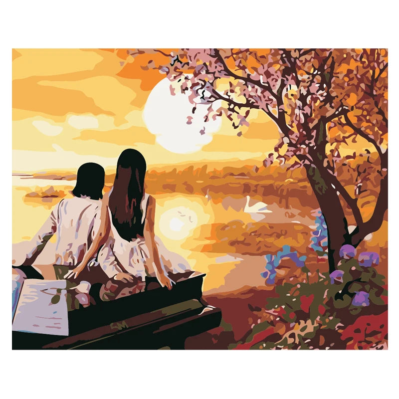 The Oil Painting a Pair of Sitting Young Men and Women Looking Forward to Scenery  Diy Wall Art Decorative Painting on Canvas