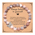 Healing Anxiety Gem Semi Precious Beaded Stretch Bracelet Crown Butterfly Charm Rhodochrosite Pink Stone Bracelet with Card