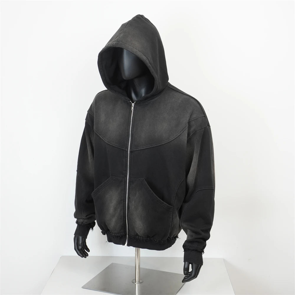 TOPSHOW Garment Distressed Sun Faded Black Hoodie French Terry Cotton Oversized Acid Wash Custom Zip up Jumper for Men