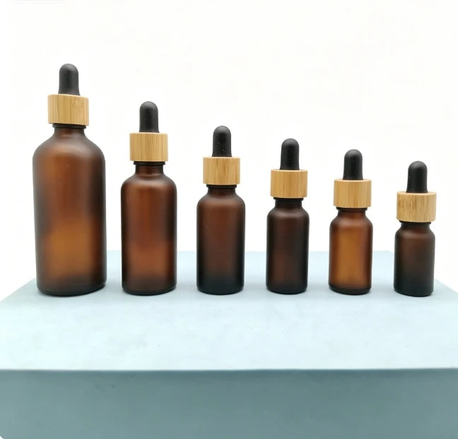 10ml 15ml 20ml 30ml 50ml 100ml Amber Frosted Glass Oil Bottle Bamboo Dropper with clear Glass Pipette Round Tip