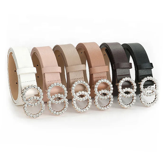 2025 New Arrival Dresses and Jeans Shiny Inlaid Design Women's Faux Leather Belt With Dual Circle Rhinestone Buckle