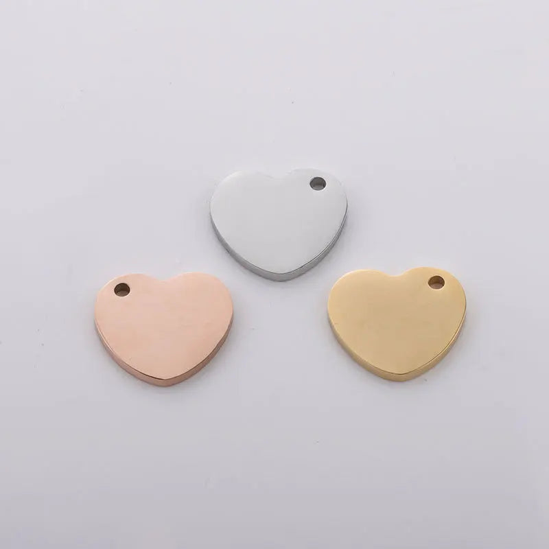 Custom Design Single Hole Metal Blank Heart Shape Pendant Engraved Logo Stainless Steel Charms