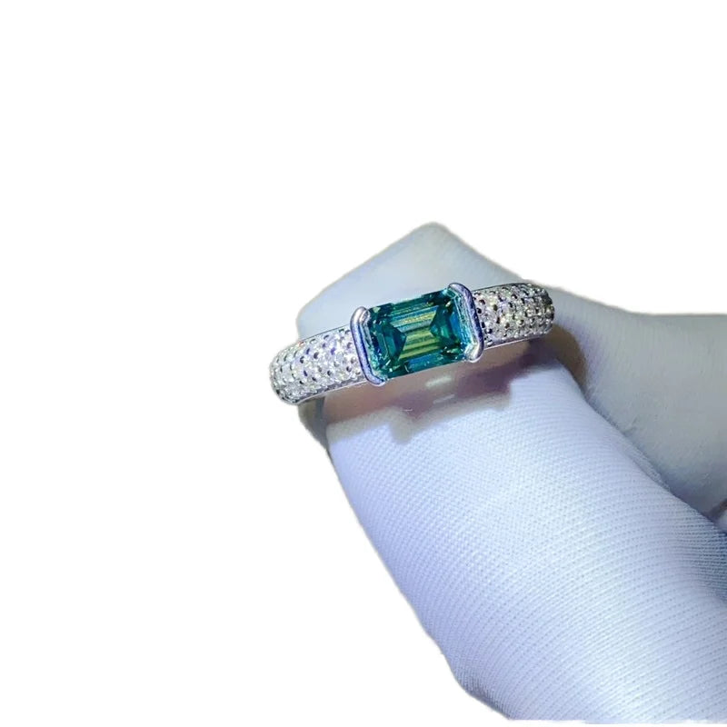 Silver 925 Fine Jewelry Original 1 Carat Emerald Cut Green Moissanite Brilliant D Color Women's Wedding Ring
