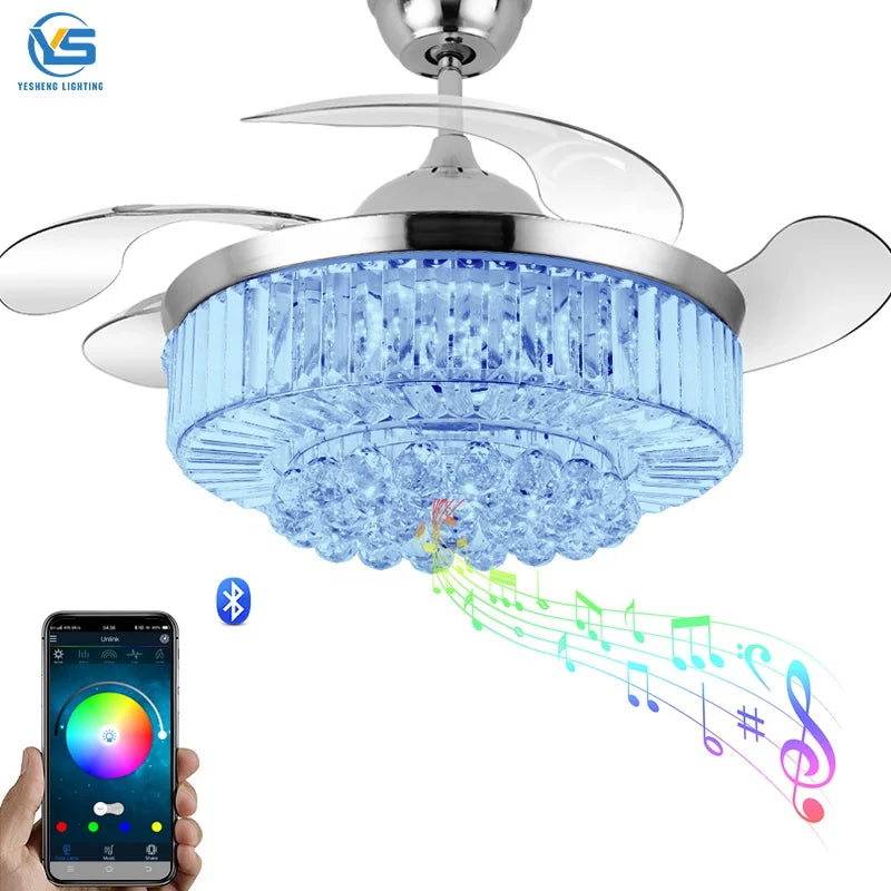 2002E-RGB Retractable Ceiling Fan with Light LED Fan Chandelier with Remote 36W (42 Inch) Ceiling Fan with Pendant Lights