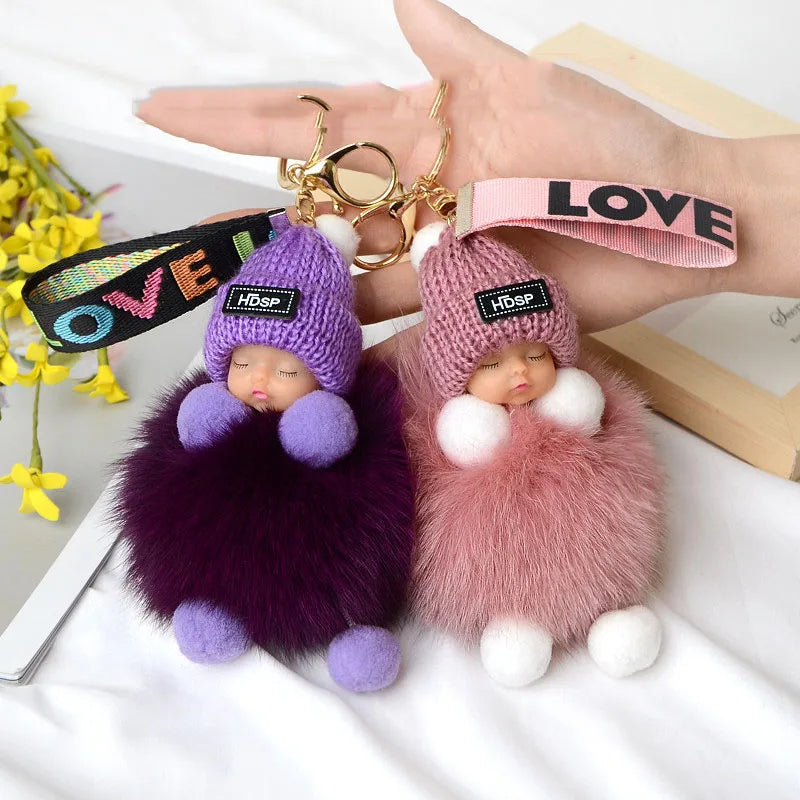 Wholesale Sweet Kawaii Fox Fur Ball Pendant Key Chain Cute Sleeping Baby Doll Plush Accessories Car KeyRing Pompom Baby Keychain