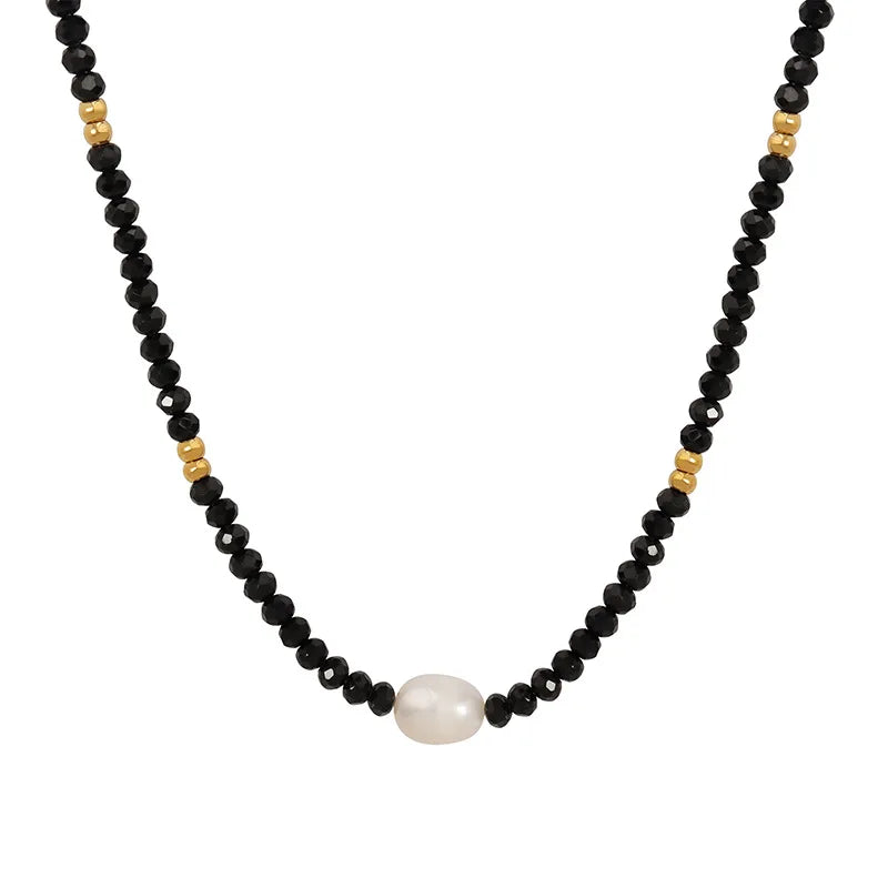 Wholesale Custom 18K Gold Plated Stainless Steel Single Freshwater Pearl Black Glass Bead Necklace for Women