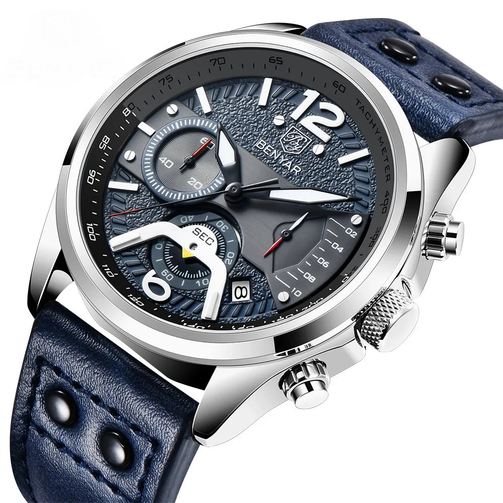 BENYAR Mens Watches 5171 Top Reloj Leather Waterproof Quartz Watch Men Business Sports Luminous Chronograph Clock Reloj Hombre