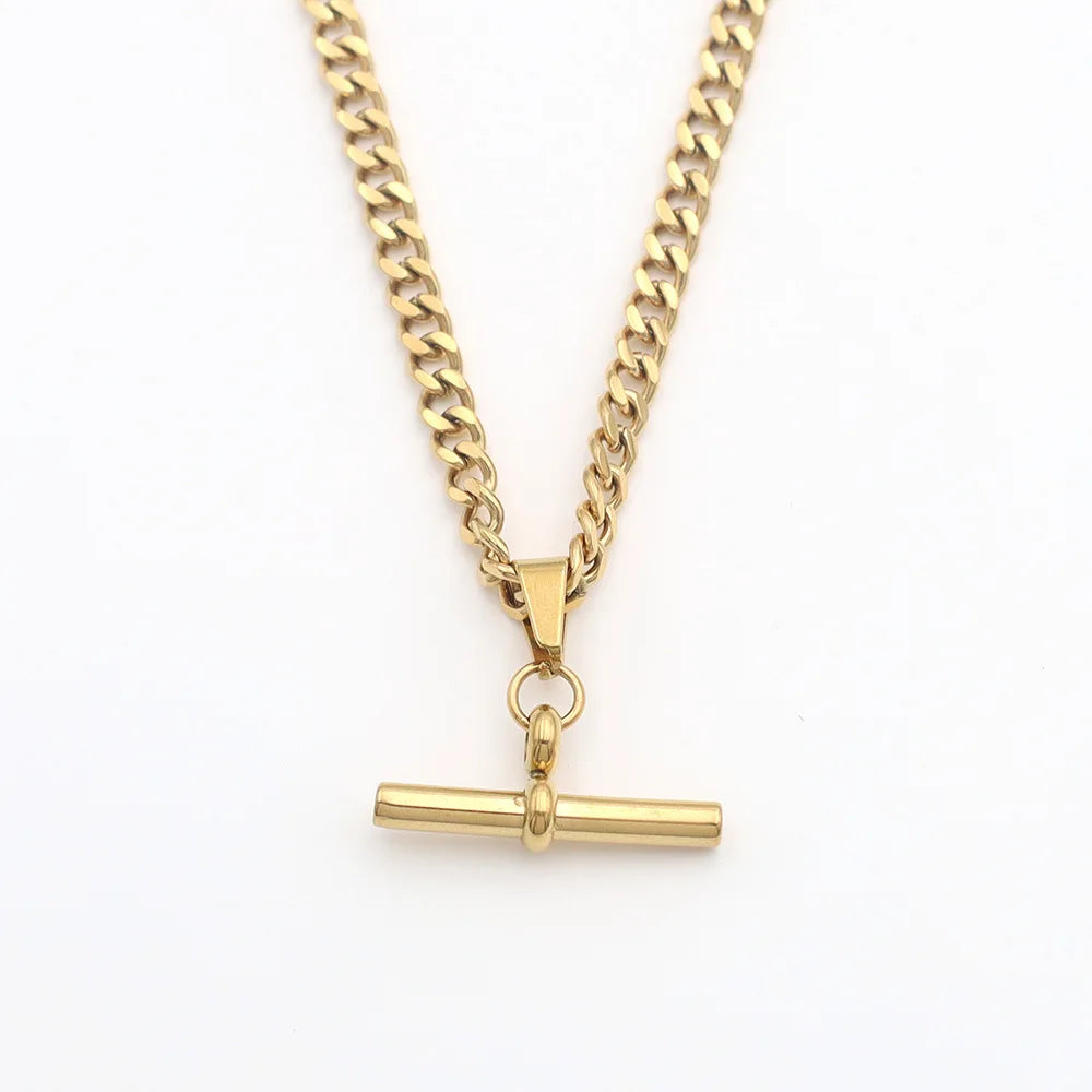 Popular Vintage Stainless Steel Twist Chain Necklace Jewelry 18K Gold Plated T-pendant  Necklace  Long Curb Chain Necklace