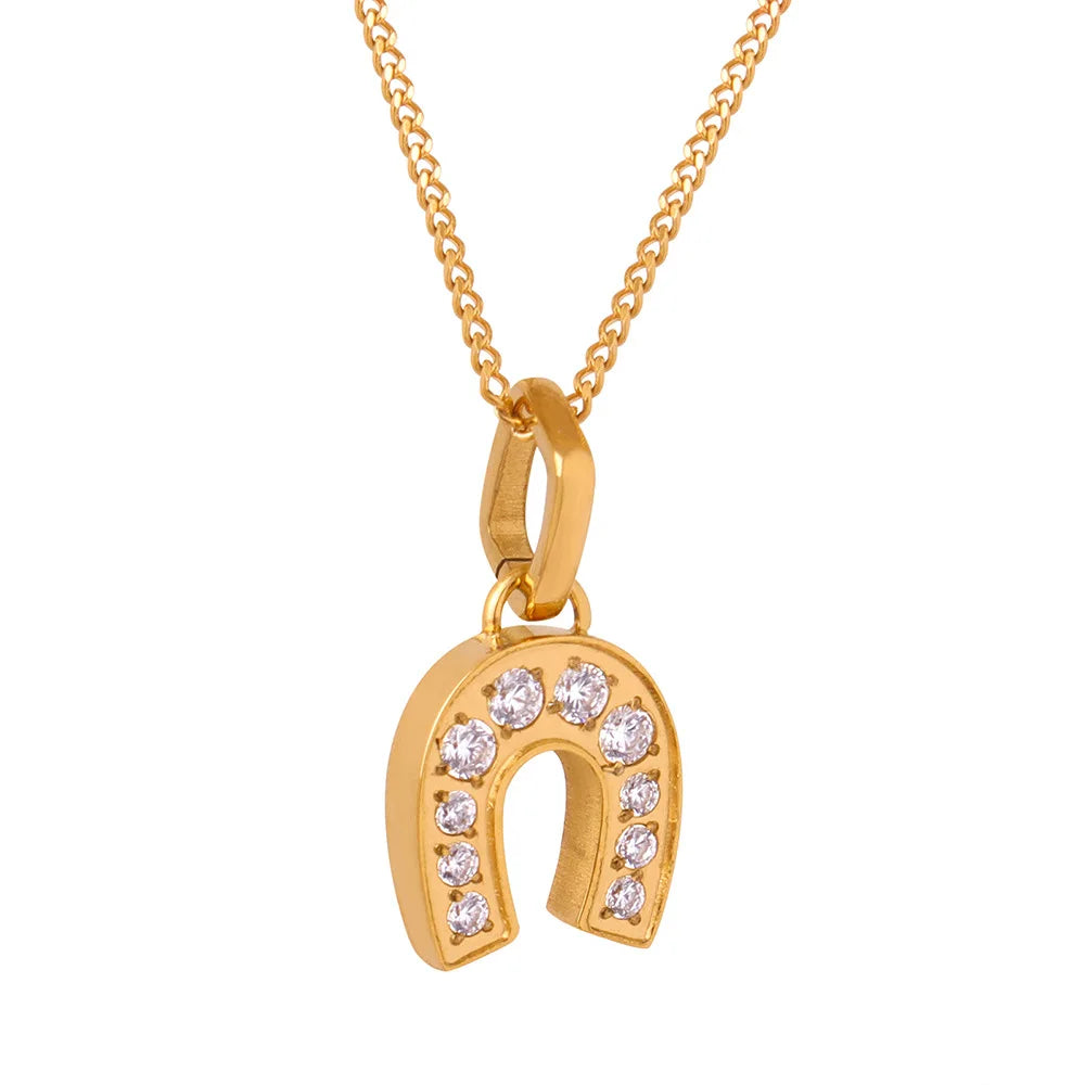 Newest Design Stainless Steel Equestrian Women Jewelry Zircon U Shape Horseshoe Pendant Clavicle Chain Necklace