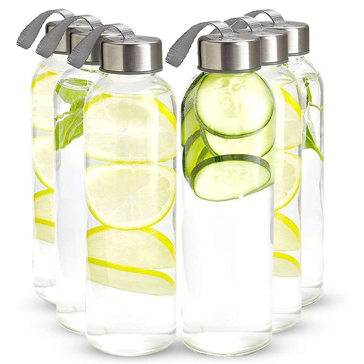 Custom Logo Screen Printed Airtight Soda-Lime Glass Water Bottle with Bamboo Cap and Screw Cap Bottle Sleeves
