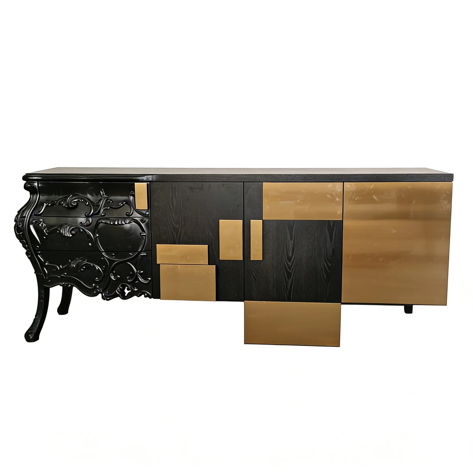 French Neoclassical Black & Gold Contrast Carved Sideboard (Luxury Crossover Buffet/Consoles Table)
