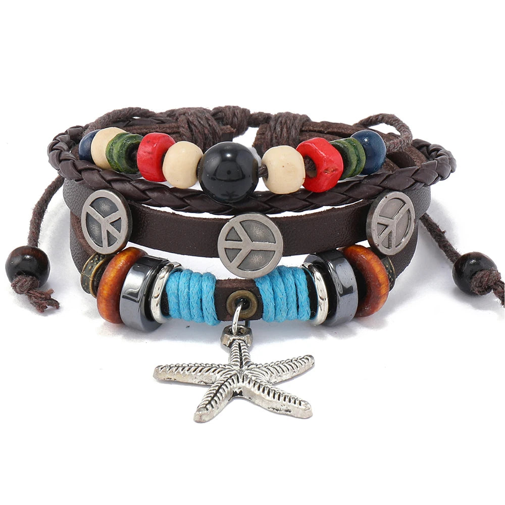 Wholesale Handmade Leather Bracelet Bangle Fashion Peace Jewelry Charm Starfish Pendant for Men and Women