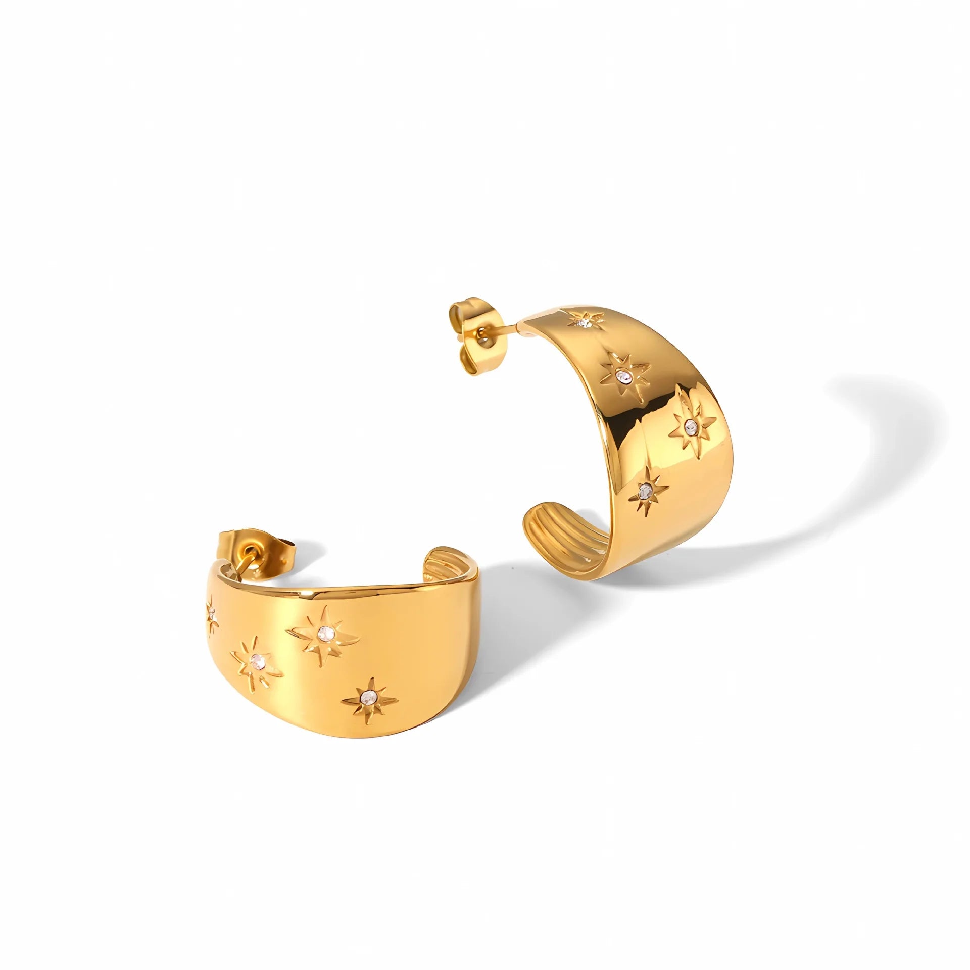 Hypoallergenic Stainless Steel Chunky CZ North Star Earrings Wide Diamond Star Burst Studded Open Hoop Earrings Gold Plated