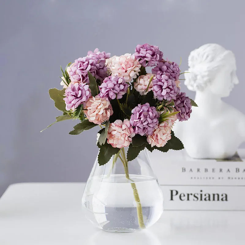 C-H002 Artificial Silk Flowers Mini Faux 10 Heads Hydrangea Flower Bouquet for Wedding and Home Decoration