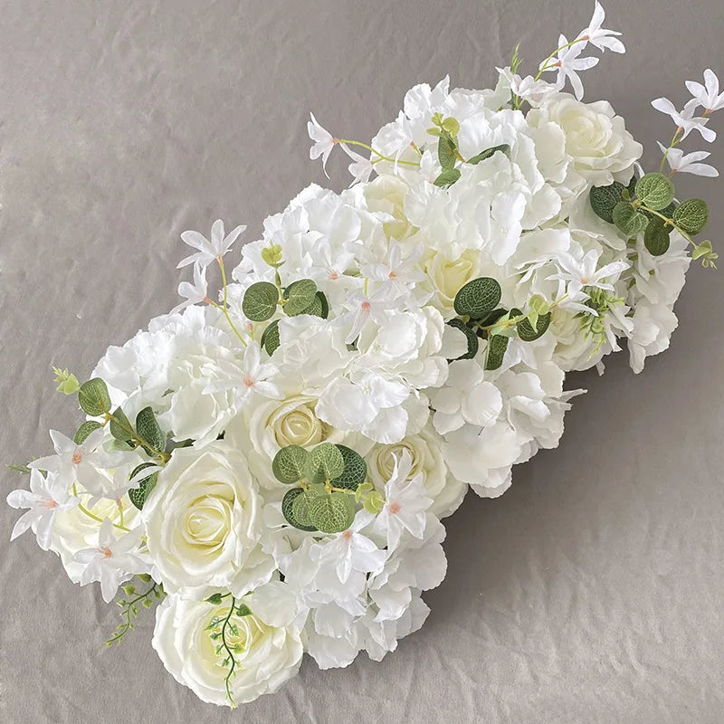 Artificial Floral Silk Rose Arch Wedding Runner Table Flower  White Flower Row Decoration Flower Runner for Wedding