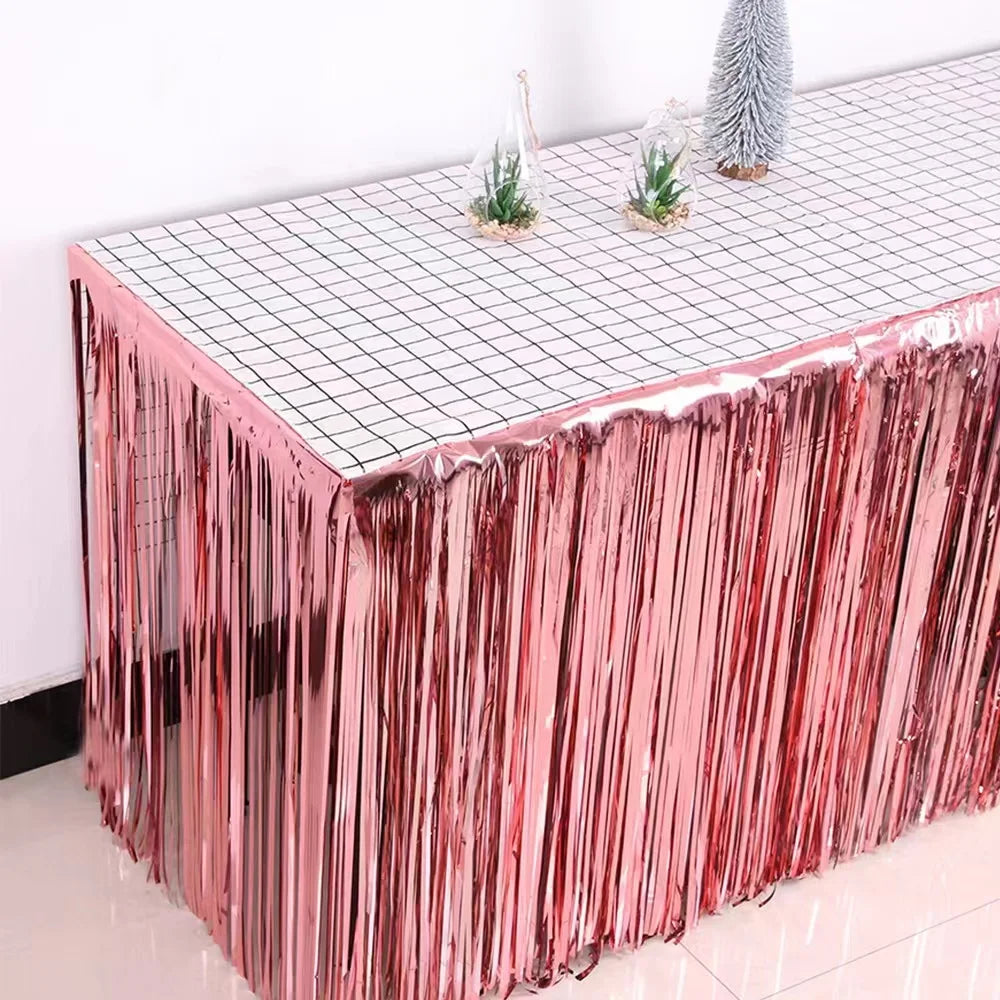 New Fashion PET Glitter Plain Waterproof Tinsel  Silk Tassel Table Skirt for Party Dessert Station Table Decoration