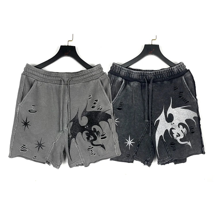 Shorts Manufacturer Custom High Quality Vintage Wash Broken Drawstring Loose Short High Street Punk Shorts for Men
