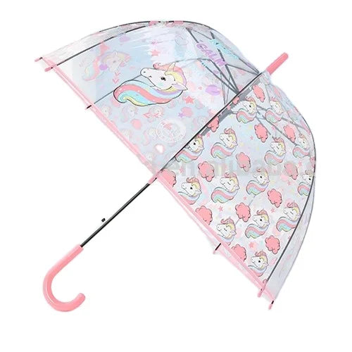 Custom Printed Kids Unicorn Transparent Straight Manual Umbrella with Plastic Handle Nylon Material Minimalist Design