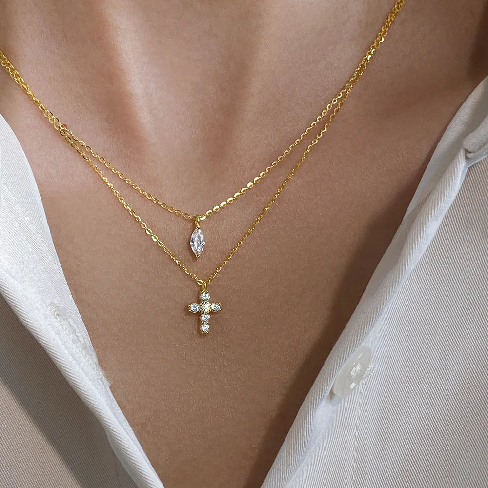 Daidan Cross Necklace 18K Gold 925 Gold Plated Double Chain Silver 925 Jewelry Zircon Double Cross Necklace
