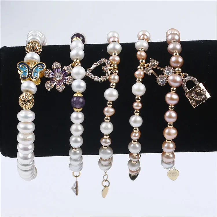 New Design 6-7mm Potato Shape Real Pearl Natural Freshwater Bracelet Charm Butterfly for Women