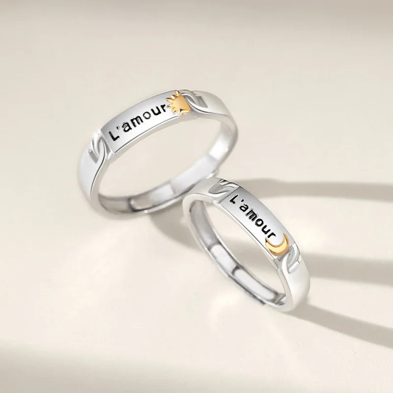 Golden Sun and Moon for Lovers Ring 925 Sterling Silver Engrave L'AMOUR Adjustable Finger Ring for Couples