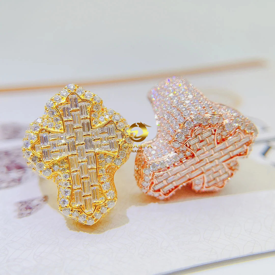 Wholesale Price Hip Hop Fine Jewelry  925 Sterling Silver Vvs Moissanite Iced Out Micro Pave Men Diamond Cross Ring