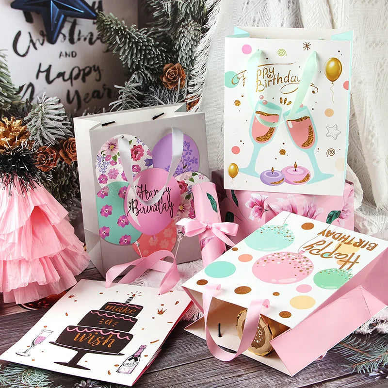Gold Stamping Fashion Portable Kids Birthday Party Paper Colorful Fancy Gift Package Bag Shopping Bags With Ribbon Handle