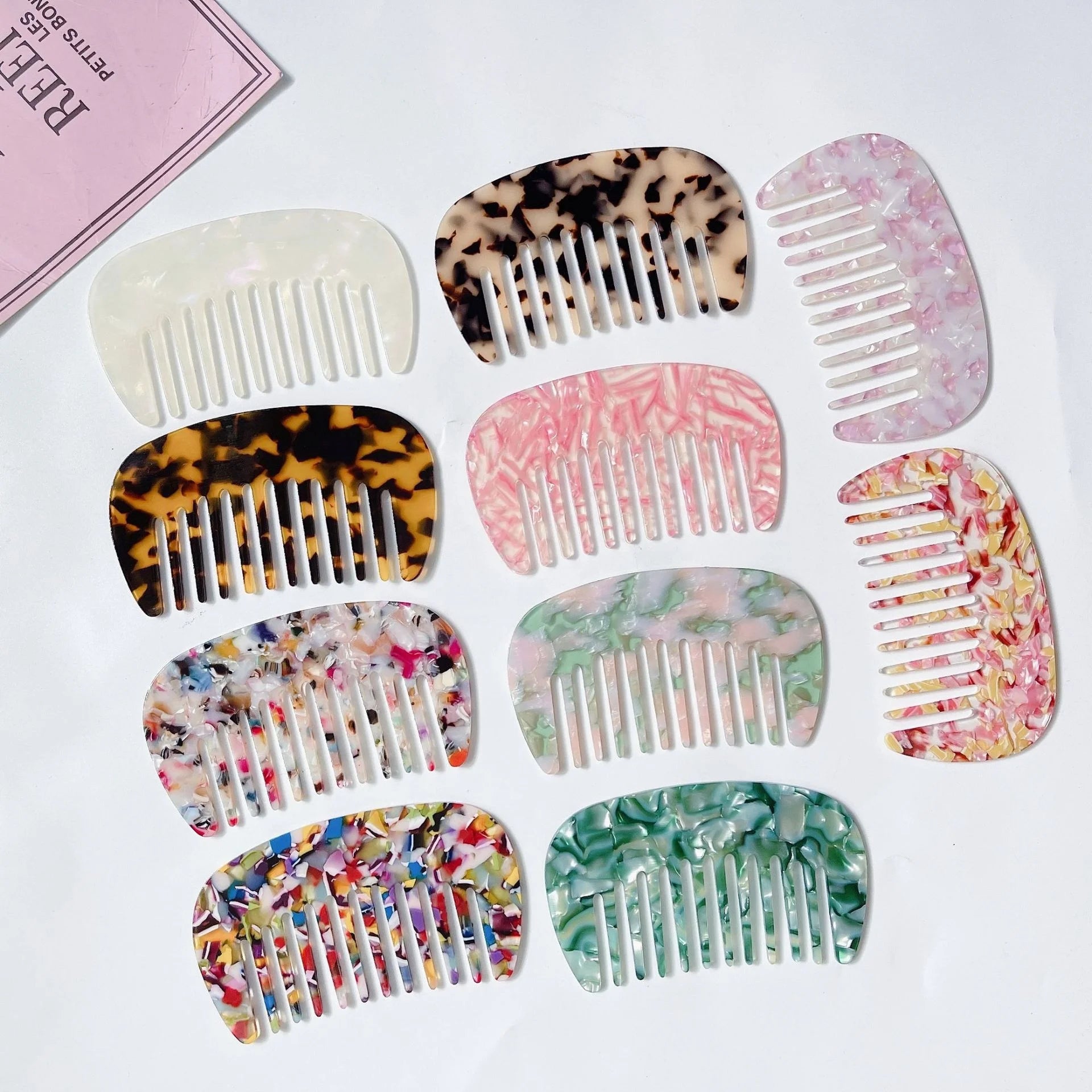 10 CM French Vintage Daily Use Round Wide Tooth Hair Combs Acetic Acetate Marble Tortoiseshell Tortoise Comb for Women Girls