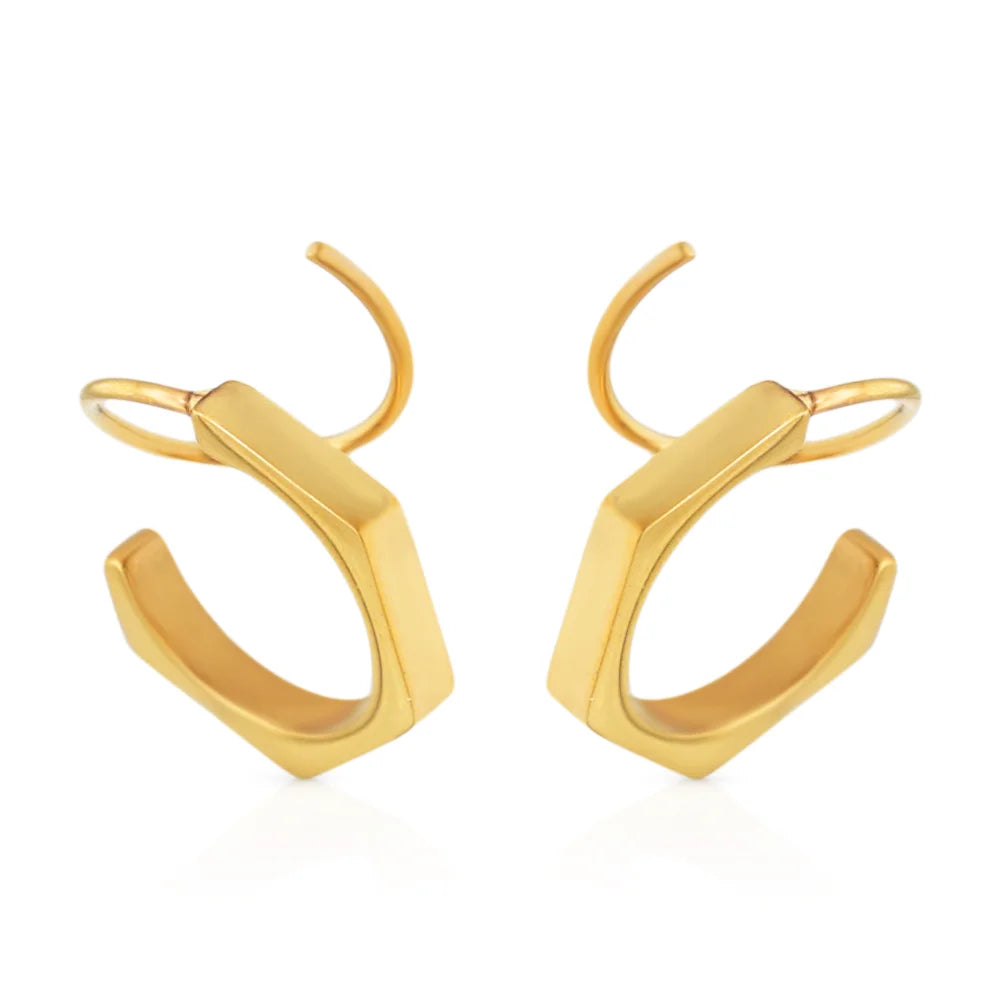 Chris April 316L Double Sided Stud Earrings Spiral Stainless Steel Waterproof 18K Gold Plated Pentagon Pin Spring Earrings