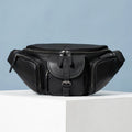 SCHLATUM Men's Black Cowhide Leather Waist Bag Multi-Function Genuine Leather Sling Chest Bag with Adjustable Strap