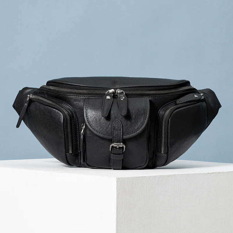 SCHLATUM Men's Black Cowhide Leather Waist Bag Multi-Function Genuine Leather Sling Chest Bag with Adjustable Strap