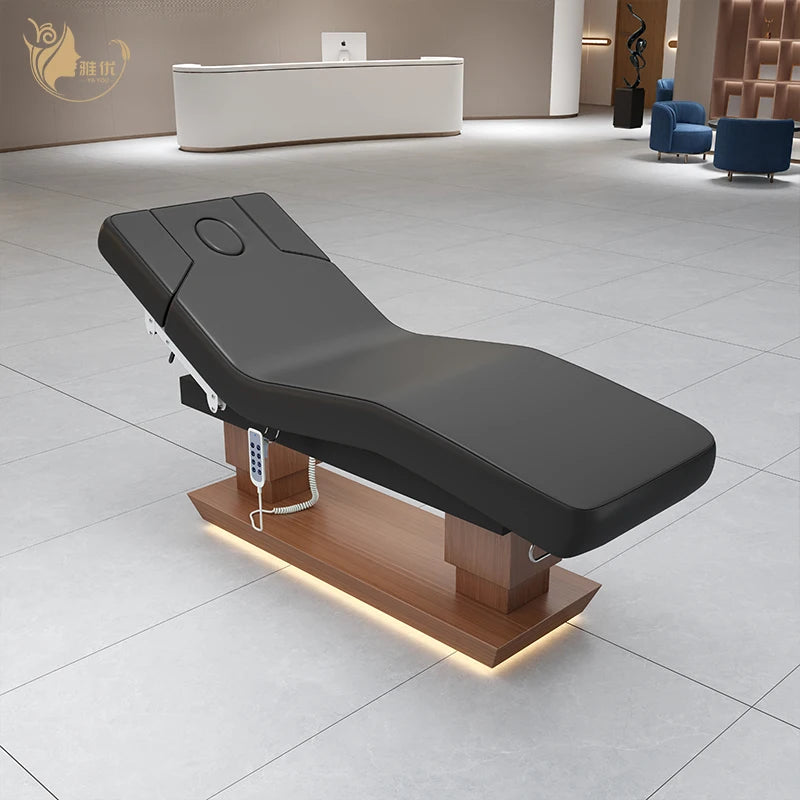 Black Stainless Steel Facial Bed with Wood Grain Base and LED Light for Salon