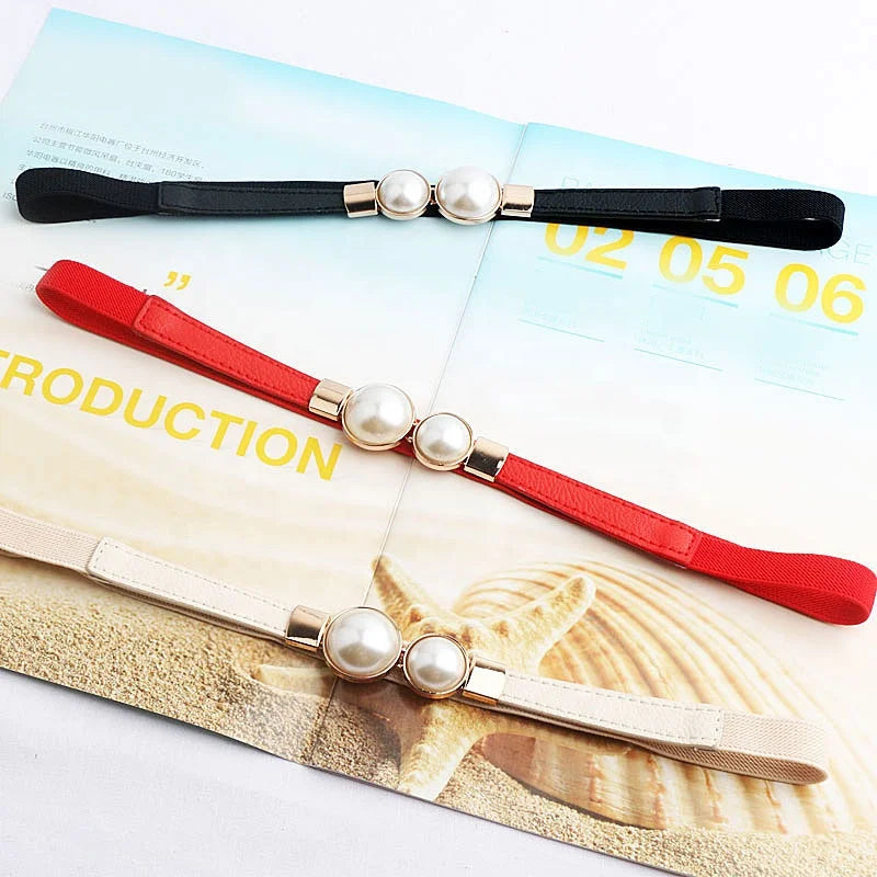 Simple Fashion Ladies Elastic Stretch Dress Accessories Pearl Thin Waist Seal Alloy Fabric PU Polyester Nylon for Decoration