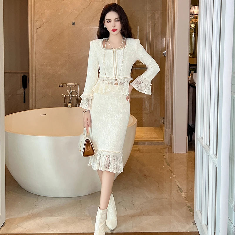 ZYHT 20925 Square Collar Pearl Beading Front Zipper Lace Blazer and Skirt Set Two Piece Elegant Fragrance Blouse Skirt Suit