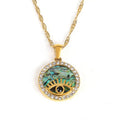Wholesale Dainty Stainless Steel Jewelry 18K Gold Plated Pave Zircon Round Abalone Shell Pendant Turkish Devil's  Eye Necklace