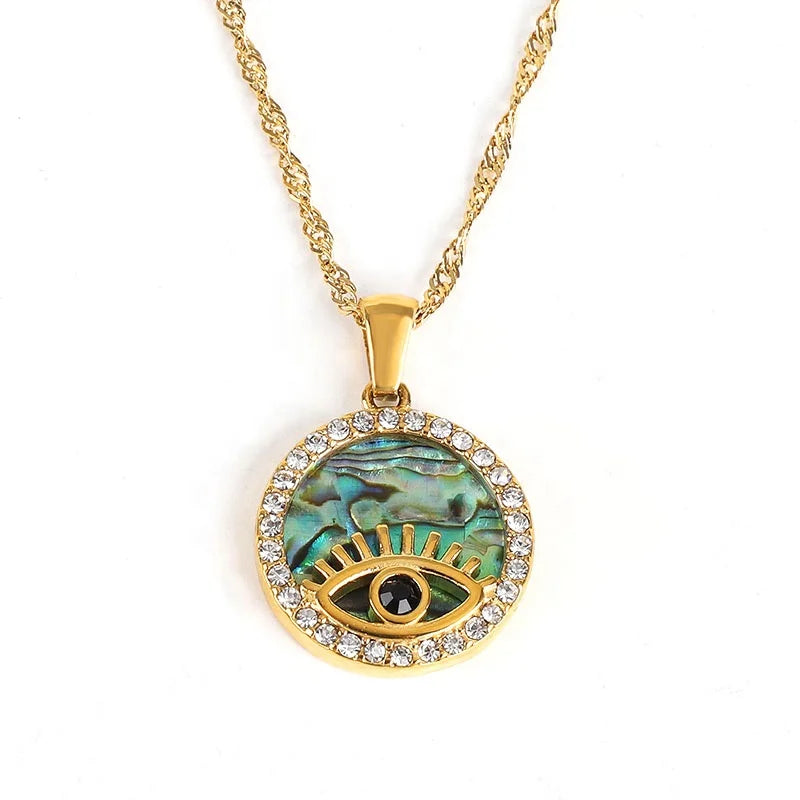Wholesale Dainty Stainless Steel Jewelry 18K Gold Plated Pave Zircon Round Abalone Shell Pendant Turkish Devil's  Eye Necklace