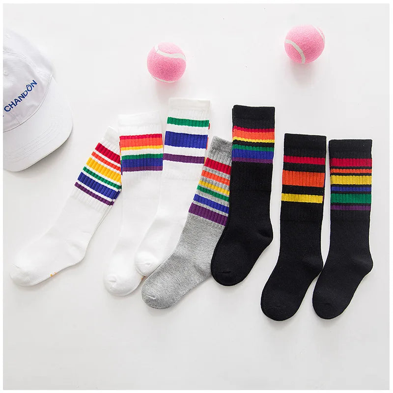 Hot Sale New Crew rainbow Stripes Socks Korean Boys and Girls Mid-tube Pile Cotton Sock for Spring Children's Socks