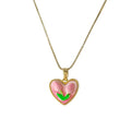 Heart Cute Pink Flower Copper Pendant Necklace Gold Plated Summer Flower Pink Charm Tulip Heart Necklace for Women