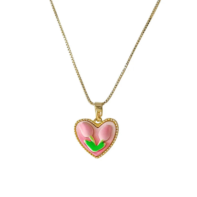 Heart Cute Pink Flower Copper Pendant Necklace Gold Plated Summer Flower Pink Charm Tulip Heart Necklace for Women