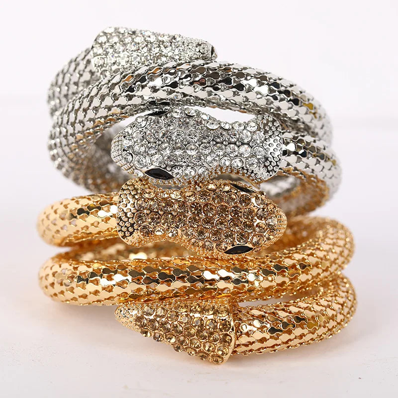 Hot Sale Punk Animal Curve Bangles Full Zircon Inlay PVD 18K Gold Plated Silver Snake Stainless Steel Bangles
